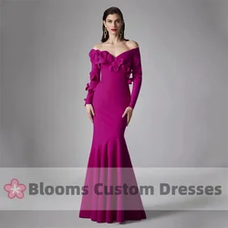 Customized Shoulder Long Sleeves Crepe Mermaid Evening Dress Flowers Formal Gown Prom Dress For Wedding robes invitée mariage