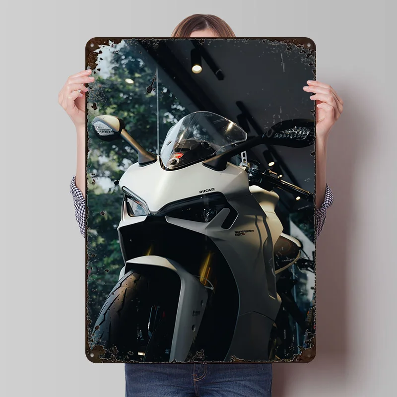 White Italian Motorcycle SuperSport 950 Tin Poster Customized Wall Art Retro Vintage Metal Signs for Fans Room Wand Deko House