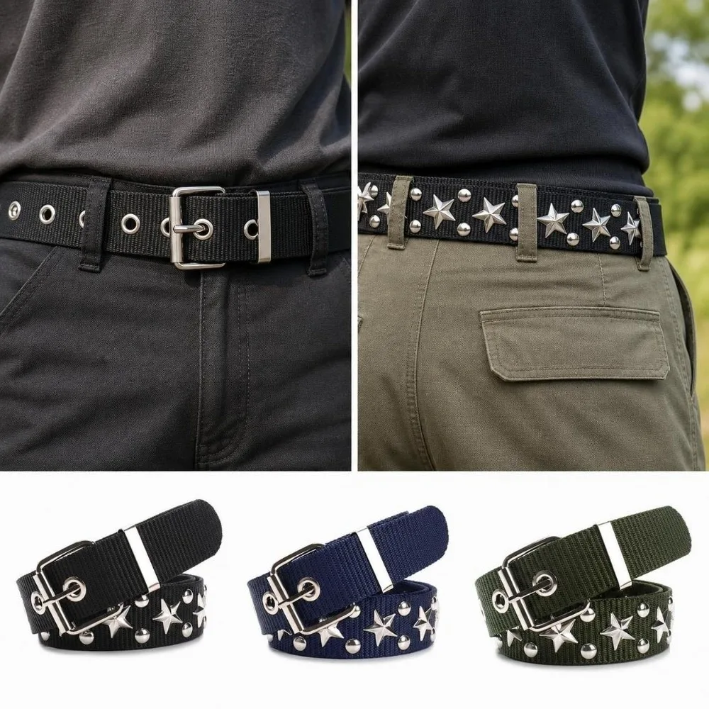 Adjustable Canvas Waist Belt Metal Pin Buckle Hip Hop Streetwear Jeans Belt Star Rivet Decorated Pants Belt For Men Women Unisex