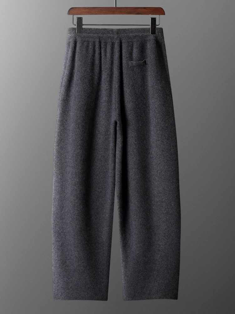 Men Wool Banana Pants Autumn Winter Loose Thicken Pencil Pants Drawstring Elastic Waist 100% Merino Wool Knitted Casual Trousers