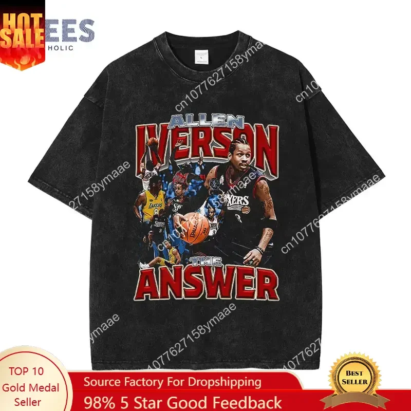 

Basketball Player T Shirt Hip Hop Streetwear Vintage Washed Allen Iverson Top Tee Short Sleeve Harajuku Oversized T-shirt Men