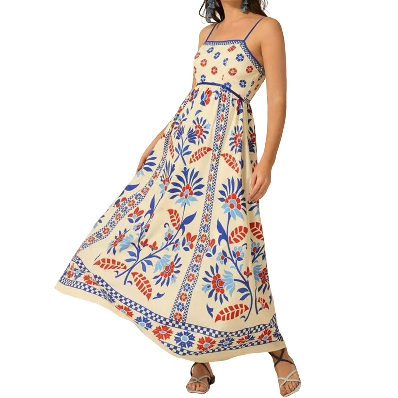 【SEE】สตรี 2025 ฤดูร้อนชุดแม็กซี่ลายดอกไม้แขนกุดสายสปาเก็ตตี้พิมพ์ Smocked Boho ชุดเดรสยาวชายหาด
