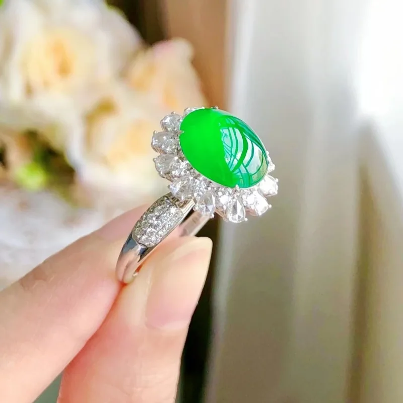 Ice-type positive yang cabochon jadeite ring, genuine natural Burmese old mine, set in 1K gold, imperial full green