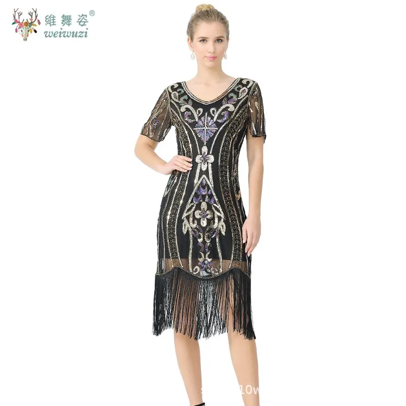 

1920s Gatsby Retro Theme Makeup Ball Evening Dress Elegant V-neck Short Sleeve Sparkling Bead Embroidered Evening Dress