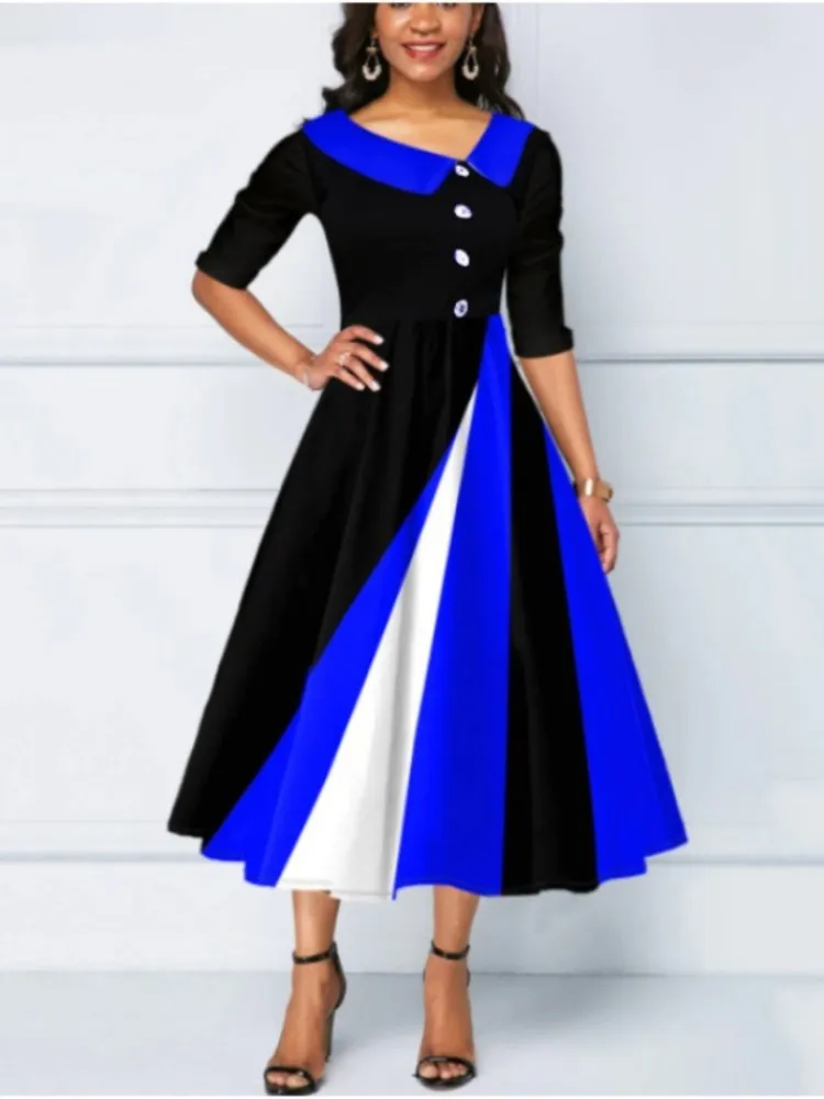 Spring Autumn Women\'s New Button Decoration Fashion 3D Printing Large Swing Five Step Sleeve Doll Neck Long Dress