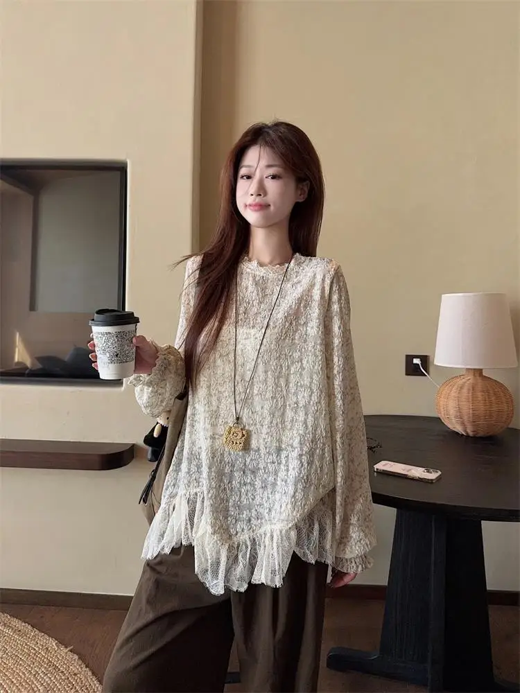 

Retro Irregular Floral Lace irt Women's Loose Long Sve Summer Top Casual Slimming Sun Protection Faionable