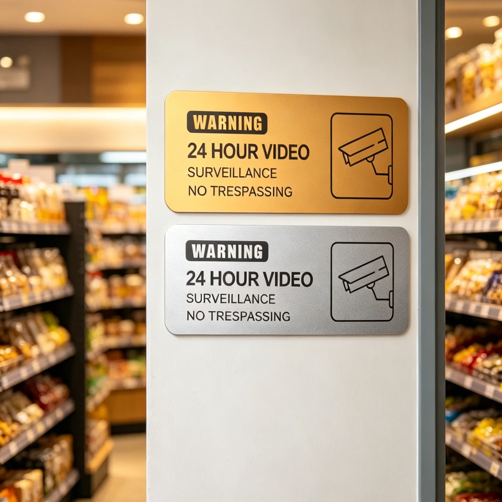 24 Hour Video Surveillance Warning Sign, Double Color Gold Silver Acrylic No Trespassing Security Notice Plaque for Store Mall