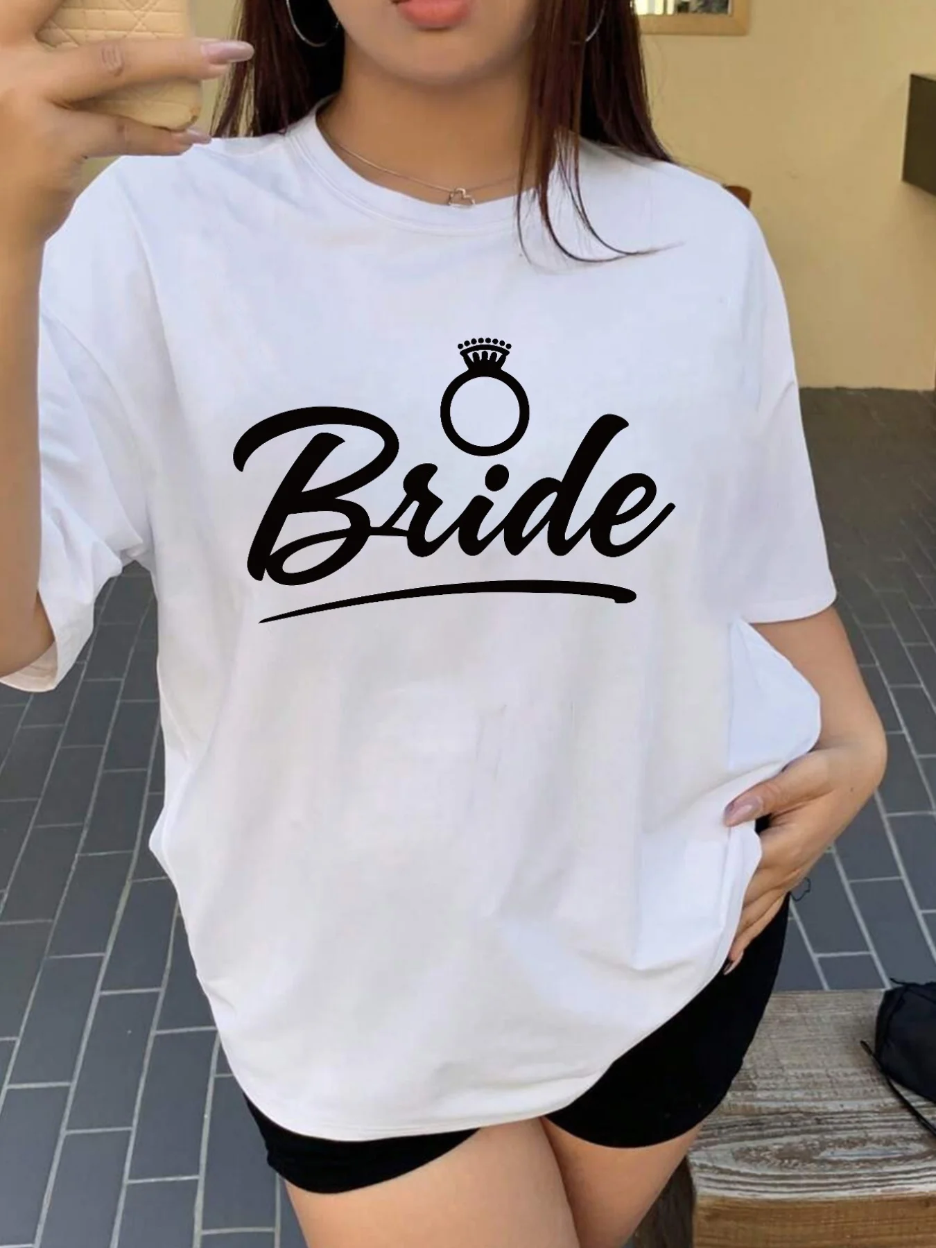 Bride Wedding Women'S Spring and Summer Trendy Printed T-Shirt Fashionable Item Classic Round Neck Design Aesthetic Clothes