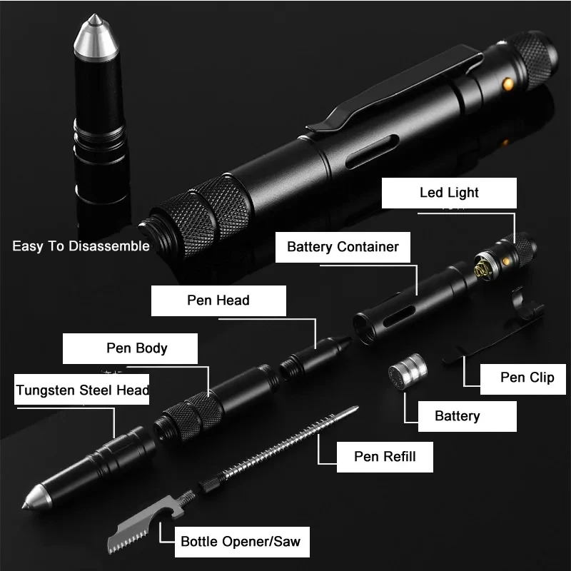 Stylo DulPen multifonctionnel portable 4 en 1, défense extérieure, stylo à bille antidérapant, lampe de poche, brise-vitre d'urgence