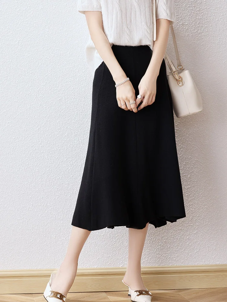 2024 New Soft Elasticity Long Skirt Polyester Knit A Word Skirt Female Section High Waist solid Color Loose Umbrella Skirt