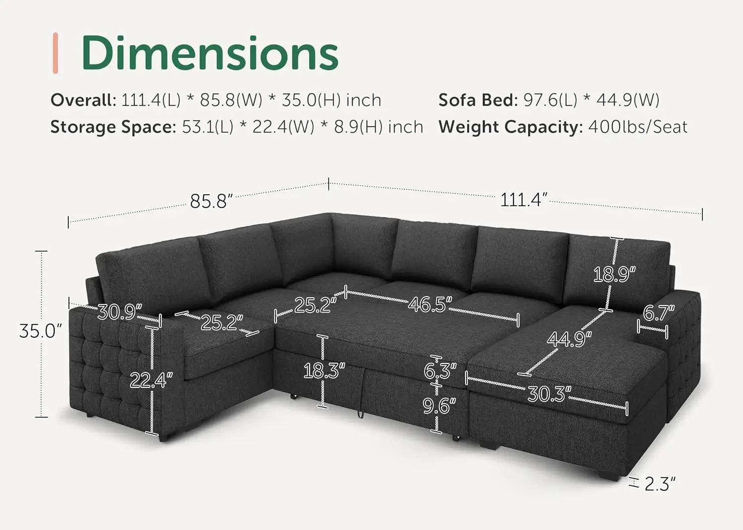 Sectional Sleeper Sofa with Pull Out Bed Oversized Sectional Sleeper Couch with Storage Chaise U Shape Sectional Sofa Bed Set