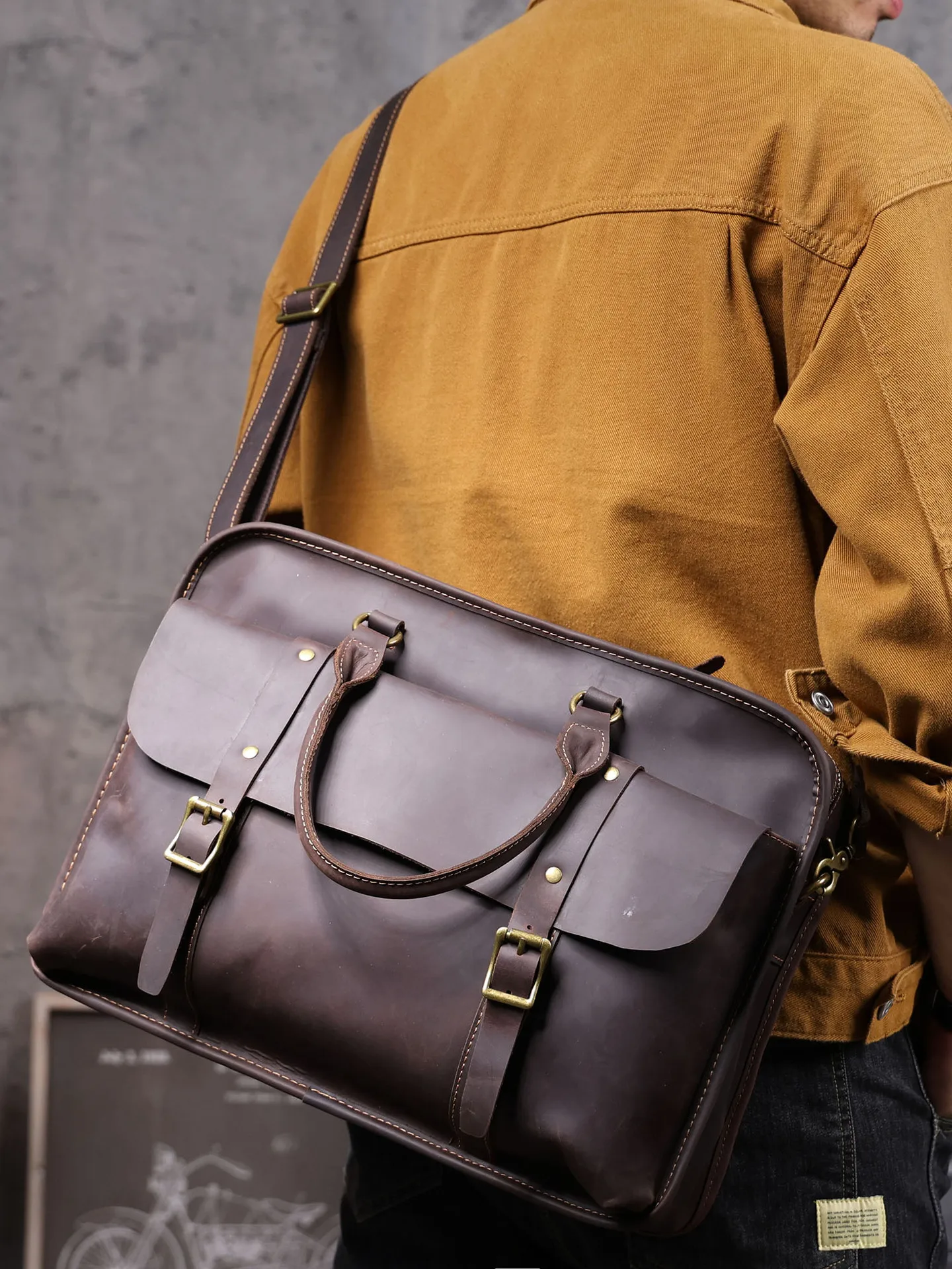 vintage crazy horse cowhide men's briefcase organizer designer handmade work genuine leather large-capacity laptop handbag