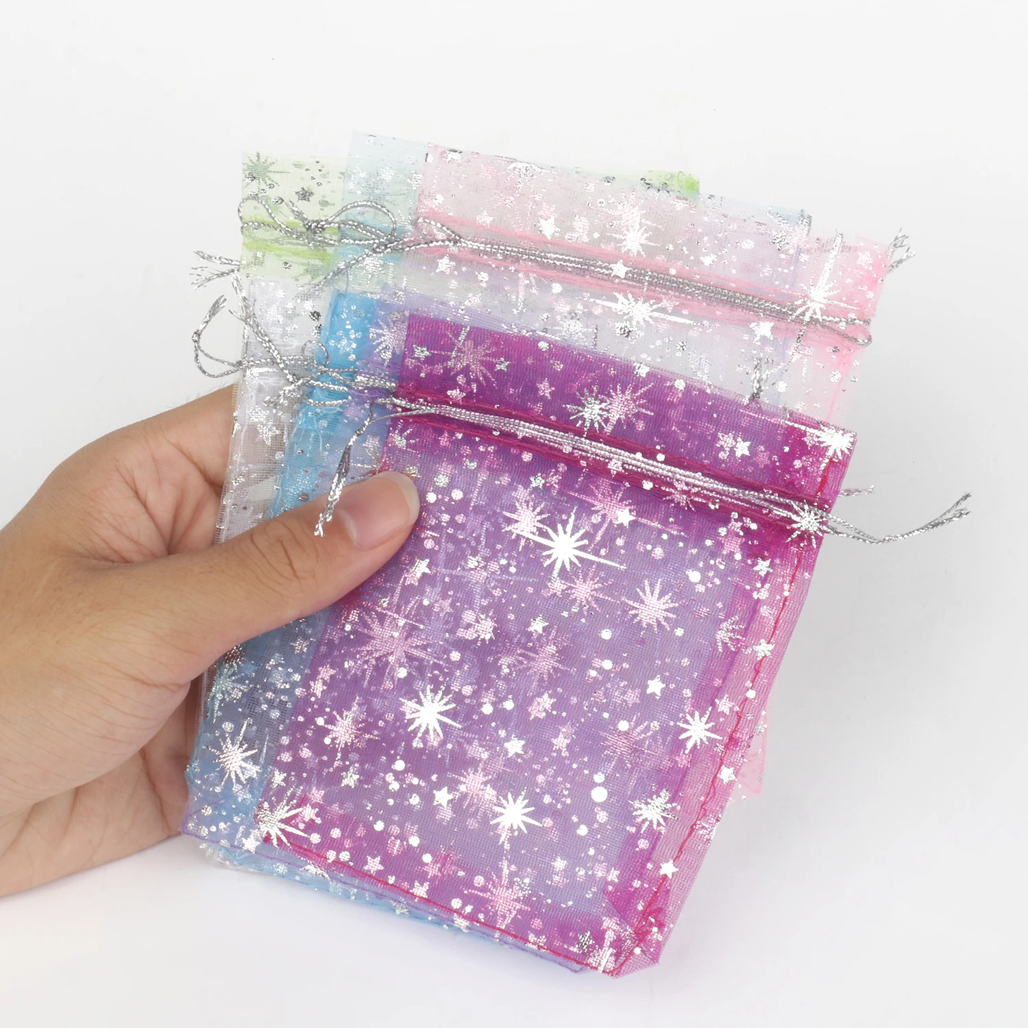 50pcs/bag Silver Color Gypsophila Organza 10x12cm Christmas Drawstring Gift Bag Charm Jewelry Packaging Bags & Pouches