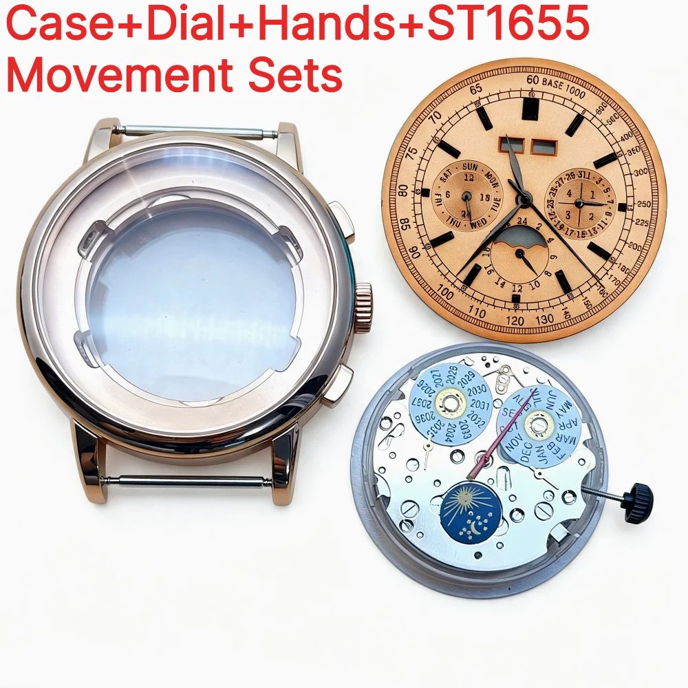 42mm Case+36.5mm Watch Dial Hands+ST1655 Movement Sets for ST1655 Chronograph Perpetual Calendar Movement Sapphire Crystal Case