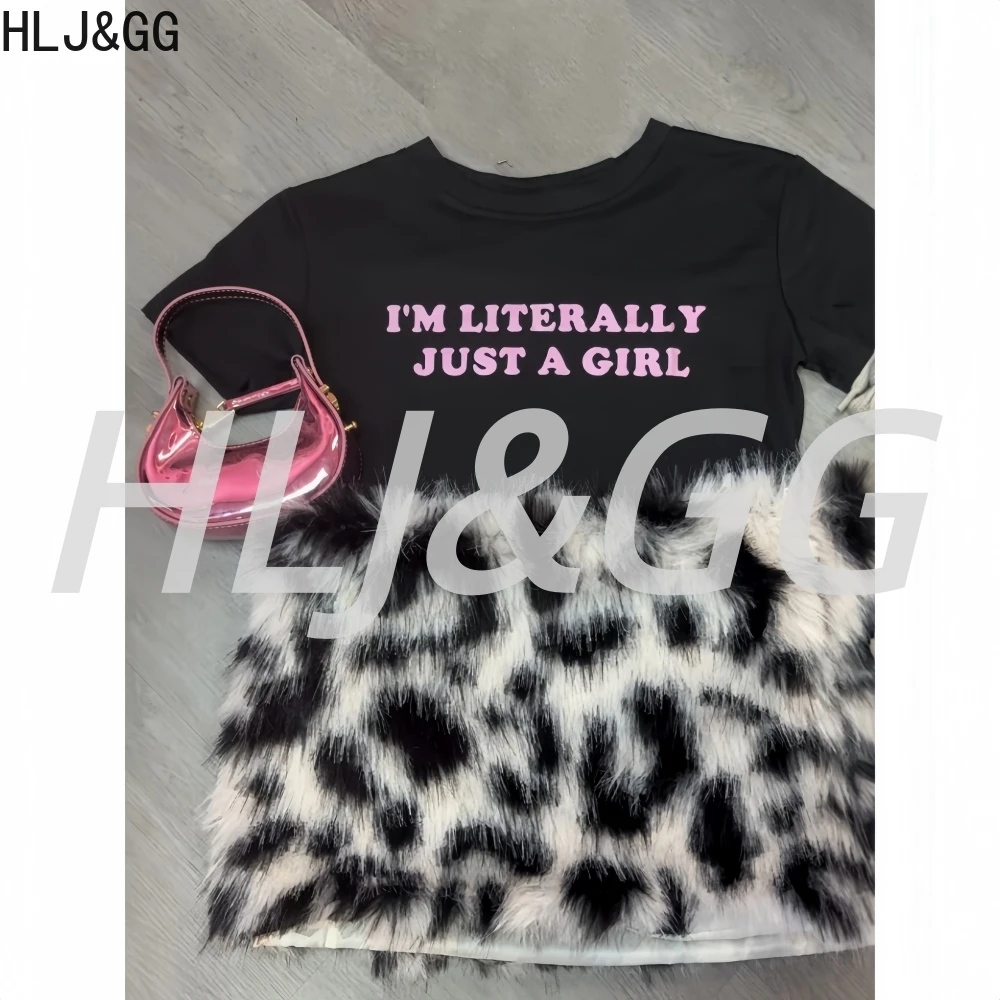 طقم مكون من قطعتين مطبوع عليه حروف Y2K من HLJ&GG تريند للسيدات برقبة دائرية وأكمام قصيرة وتنانير قصيرة من فراء الفهد ملابس خروج