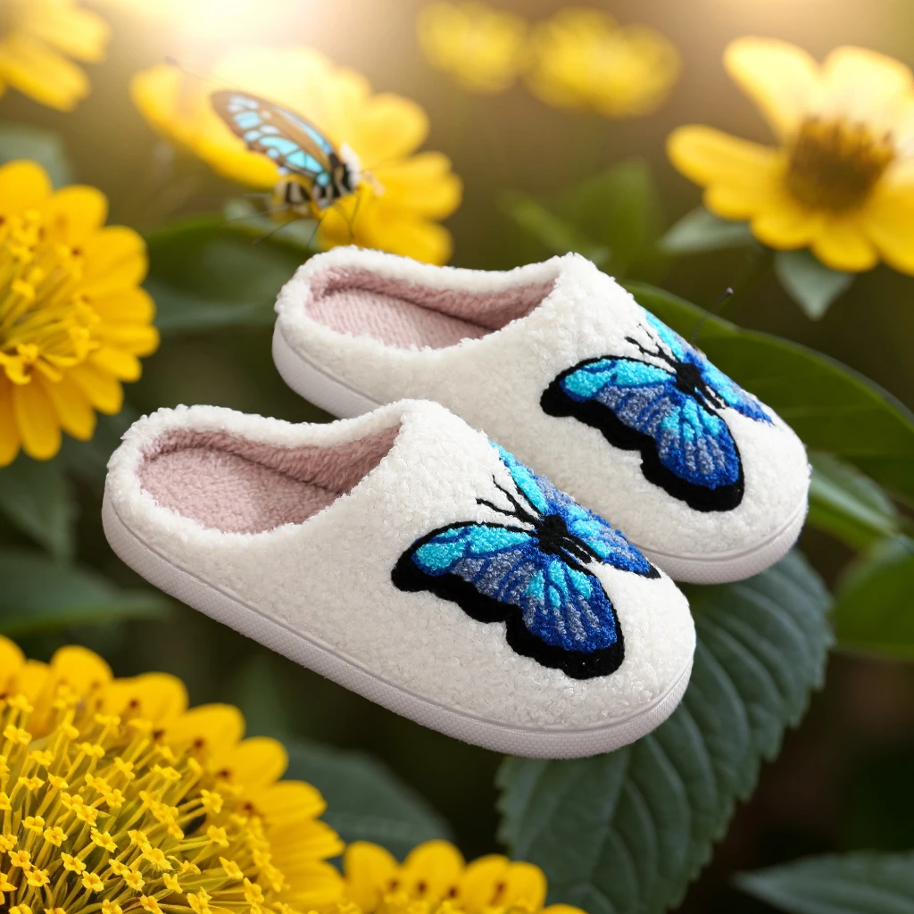 Butterfly Pattern Embroidery stuffed Home Thick Bottom plaid Furry Cotton Slippers Warm Non-slip Indoor Drag