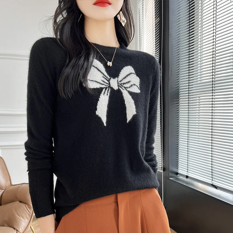 100% Merino Wool Cashmere Sweater Women Knit Pullover O-neck Embroidery Long Sleeve 2024 Autumn/Winter Korean Clothing Warm Tops