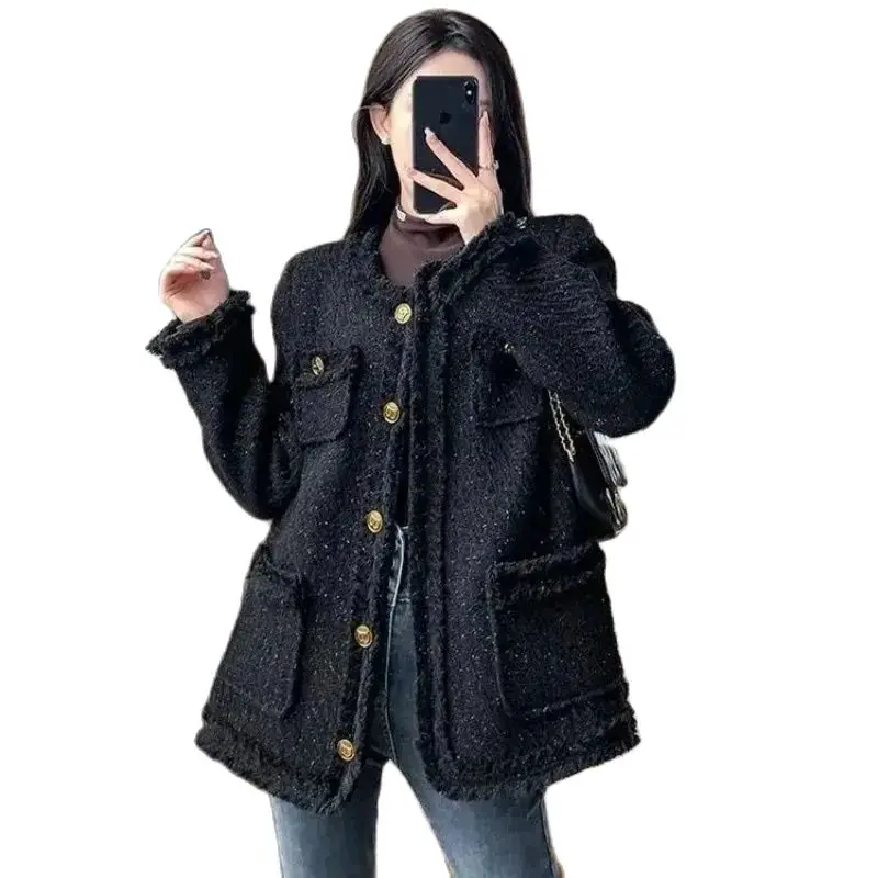 

2023 Spring Autumn Fashion Korean Style Chic Tweed Blazer Jacket for Women Slimming Temperament Elegant Mid-Length Woolen Coat
