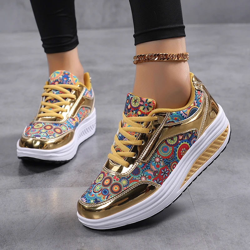 

Fashion Print Platform Sneakers for Women Breathable Gold Wedge Sneakers Woman Outdoor Comfy Women Walking Shoes zapatilla mujer