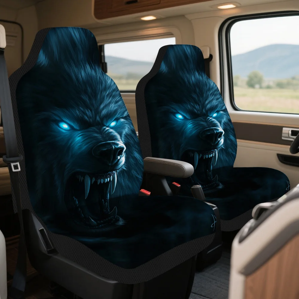 2pcs Halloween Wolf Face Car Seat Covers - Spooky Wolf Design With Glowing Eyes, Durable Polyester, Easy Install & Washable, Fit
