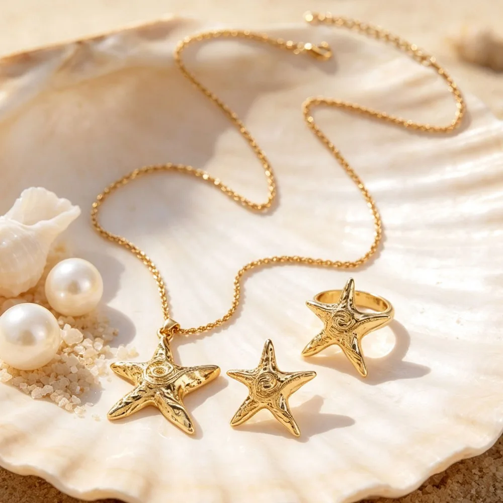 Y2K Punk Boho Metal Star & Starfish Jewelry Set Choker Necklace Stud Earrings Trendy Fashion Accessory Gift for Women