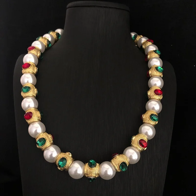 European and American Special-Interest Design Vintage Glass Pearl Necklace Middle-Ancient Heavy Industry Ruby and Emerald Dragon