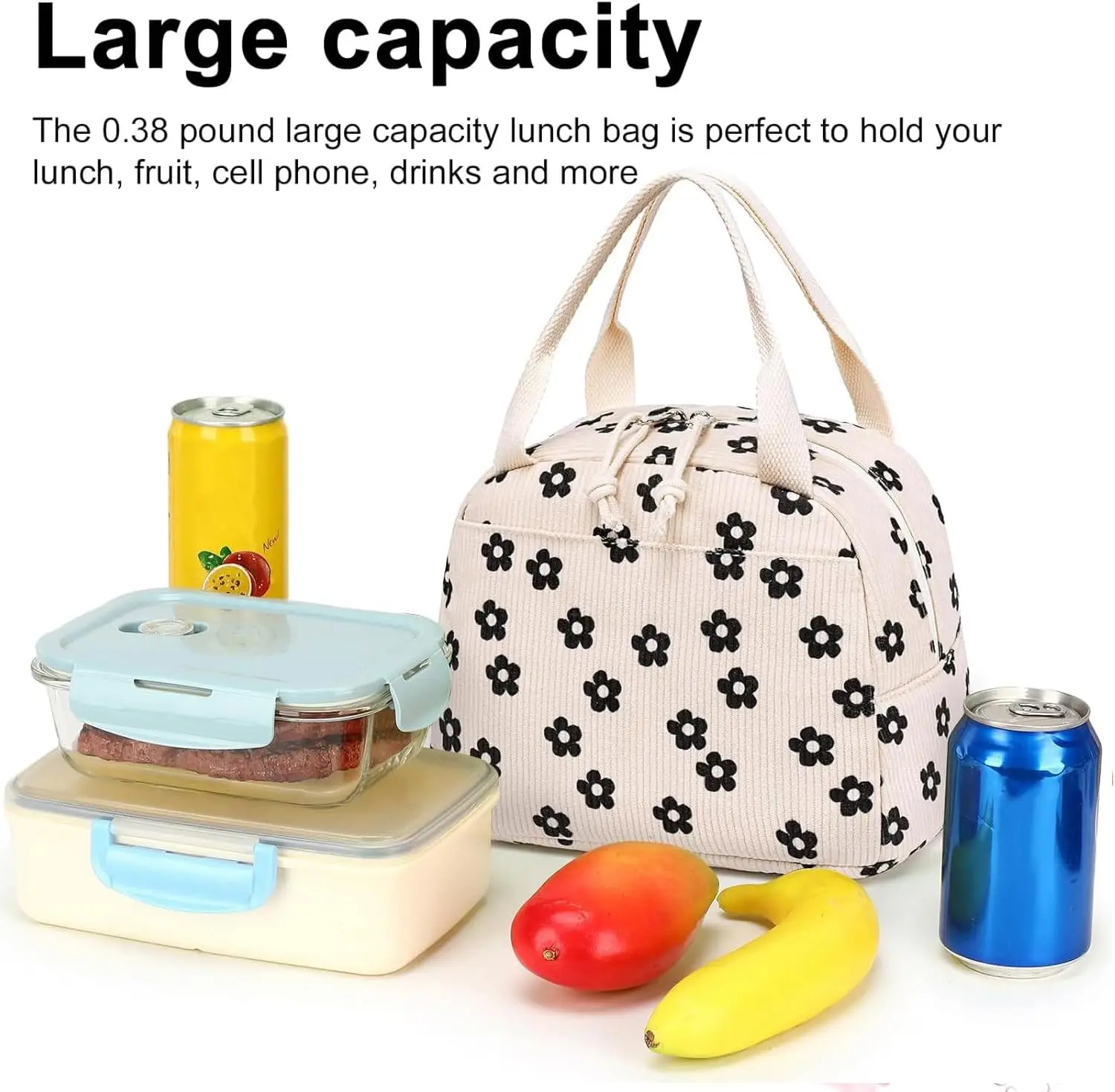 Cute Corduroy Lunch Tote Bags Reusable Insulated Lunch Box Large Capacity Reusable Insulated Cooler for Work Picnic or Travel
