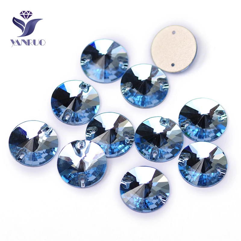 YANRUO 3200 All Sizes Aquamarine Flatback With 2 Holes Crystal Sew On Stones Strass Rivoli Shape For Bags