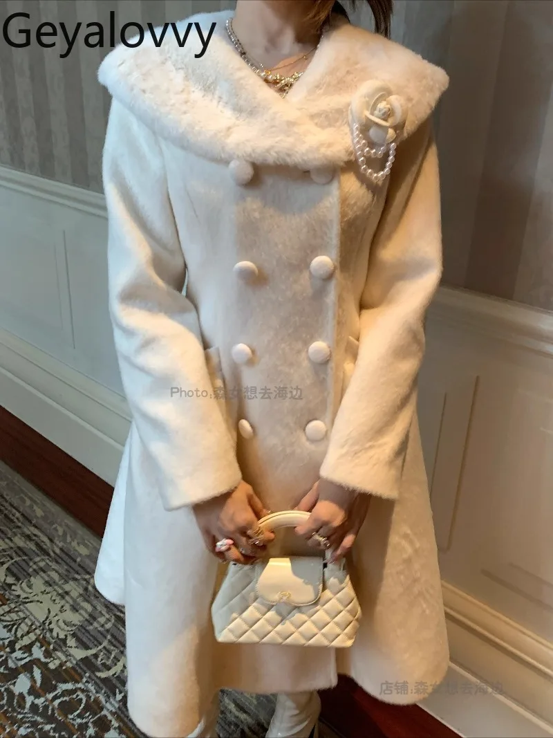 

Оригинальное осенне-зимнее новое двубортное утолщенное теплое шерстяное длинное пальто, милое японское пальто с длинными рукавами и лацканами для девочек