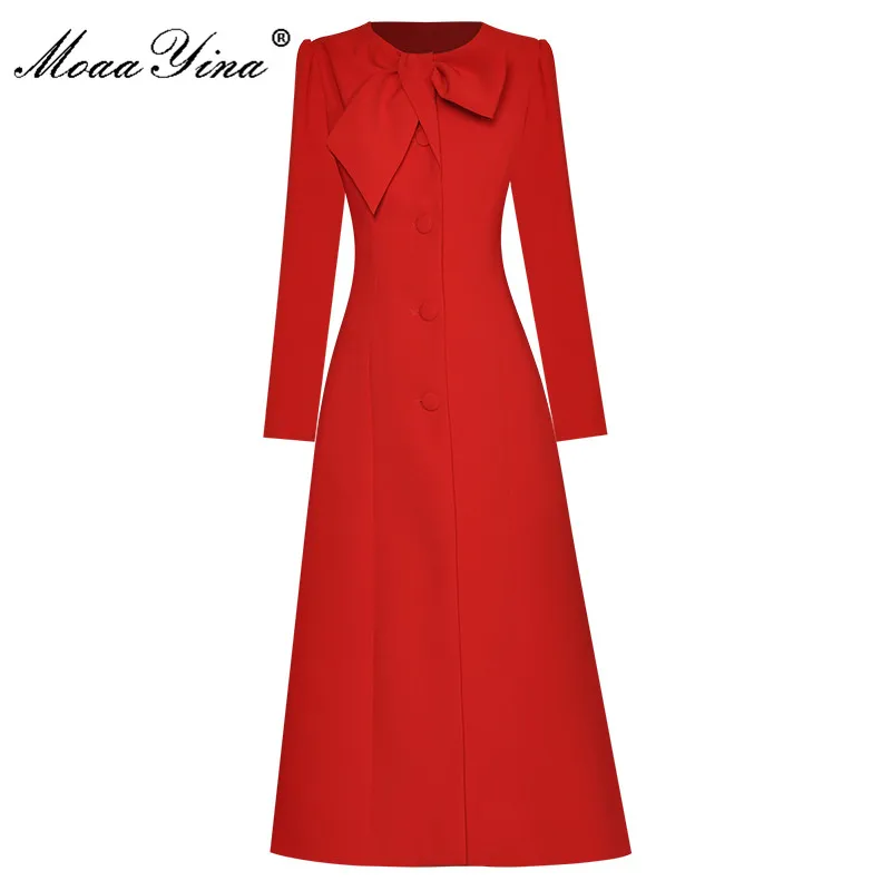 MoaaYina Fashion Runway dress Autumn Winter Women Dress O-neck Bow Long Sleeve Single Breasted Split Thickened Red Dresses