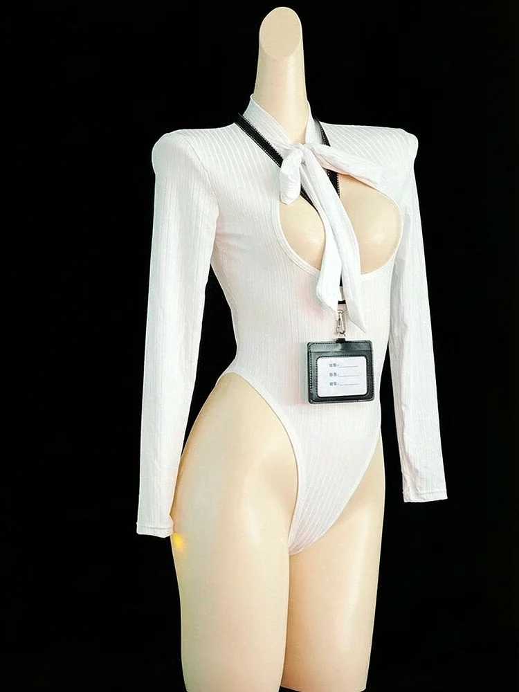 Long Sleeve Shaping Dance Wear Fashion Women Stripe High Cut Bodysuit Chest Hollow Out Yoga Elastic Solid Color Leotard