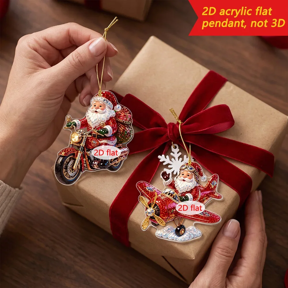 Christmas Santa Claus 2D Flat Acrylic Keychain Xmas Tree Hanging Pendant Bike Car Motorcycle Plane Train Home Holiday Decor Gift