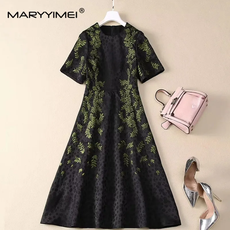 MARYYIMEI Women's Fashion Casual Dress Autumn New Style Short sleeve Embroidery Holiday Black Midi Dresses