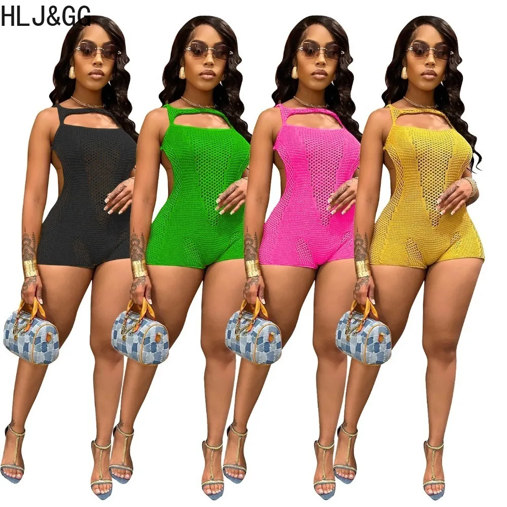 

HLJ&GG Sexy Hollow Out Knitting Bodycon Rompers Women Sleeveless Backless Solid Color Slim Jumpsuits Fashion Female Hole Overall