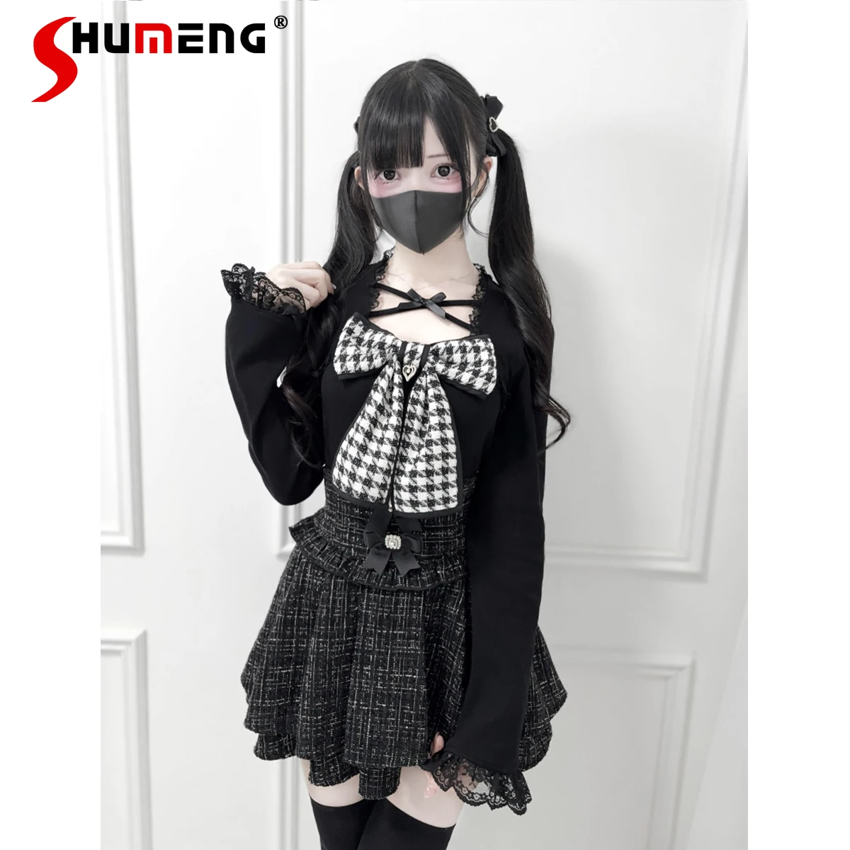 

Japanese Style Mass-Produced Square Neck Bow Lace Spliced Long Sleeve Versatile Sweet Slim Knitted T-Shirt Top for Women Autumn