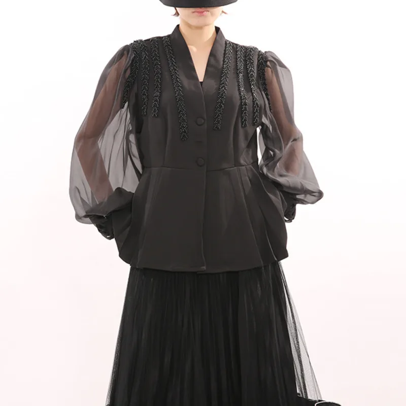 FANAN 2026 Spring New Mesh Spliced Design Blazers For Women Fashion Embroidery Gathered Waist Coats Female Jackets Temperament