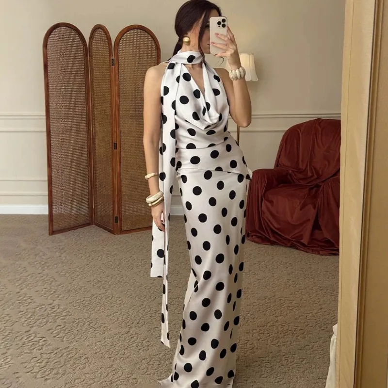 

Tuularose Women's Long Skirt 2-piece Set Sexy Polka Dot Print Scarf Ribbon Top Elegant Maxi Skirt Set Summer Women's Dress Sets