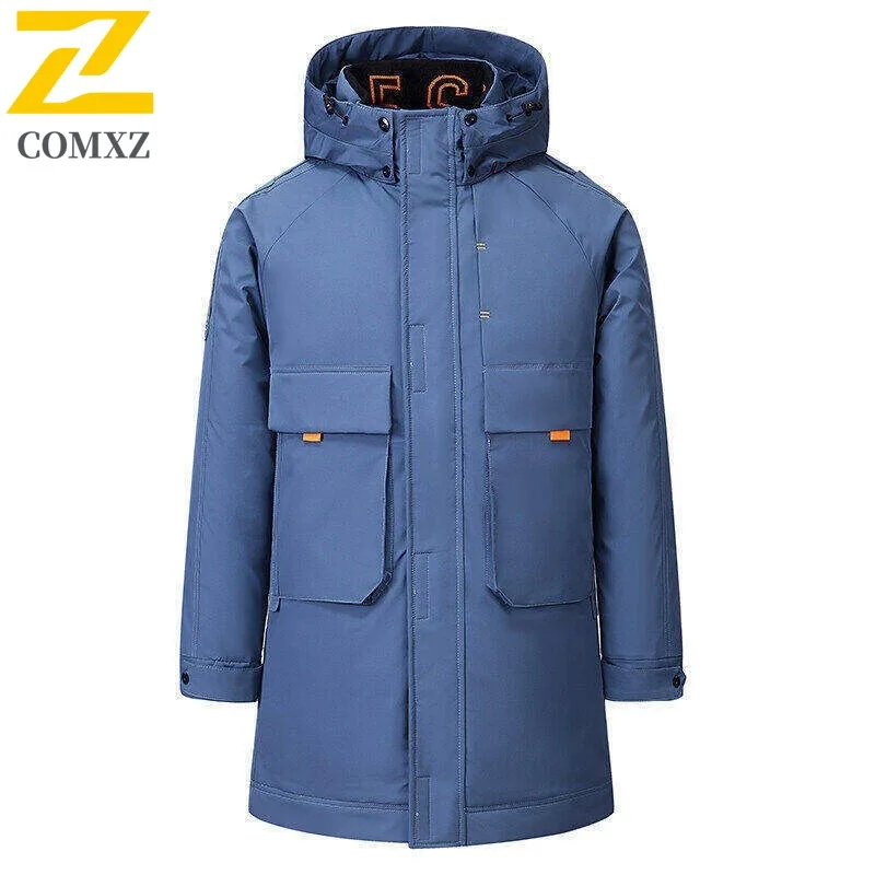 COMXZ 2025 رجل الشتاء سميكة طويلة الصوف سترة منفوخة مقاوم للماء يندبروف عادية الرياضة معطف مقنع سترة واقية خفيفة الوزن #4