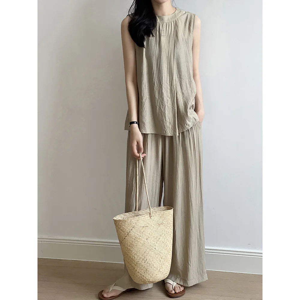 Temperament thin sleeveless vest set women's summer pleated shirt wide leg pants two-piece set