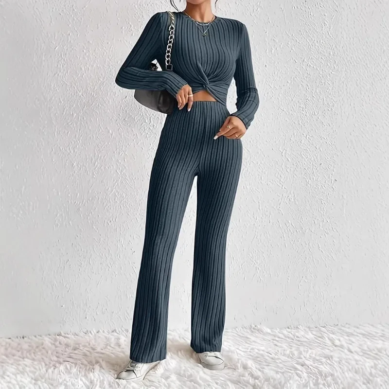 Casual Solid Two-piece Knotted Front Long-sleeved Crop Top and Slim-fitting Pants Suit