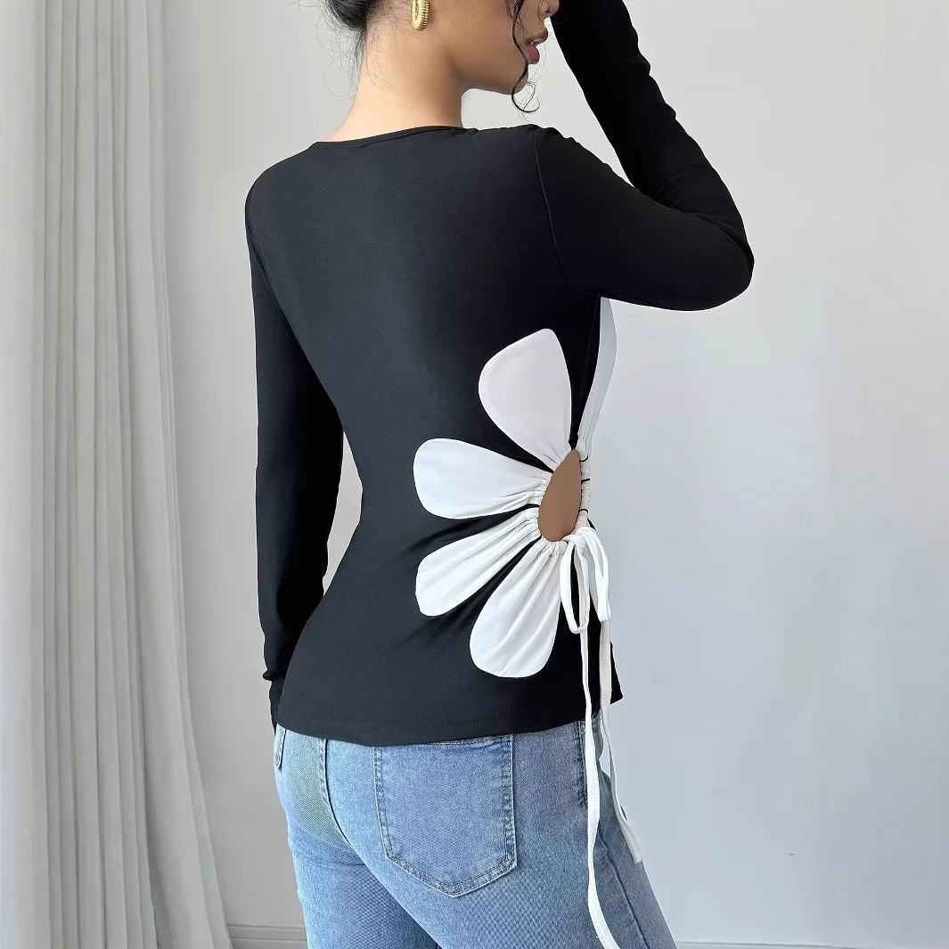Women's Fashion Casual Waist Hollow Flower Round Neck Long Sleeve Slim Fit Regular Knitted T-shirt Dresses For Women Outfits