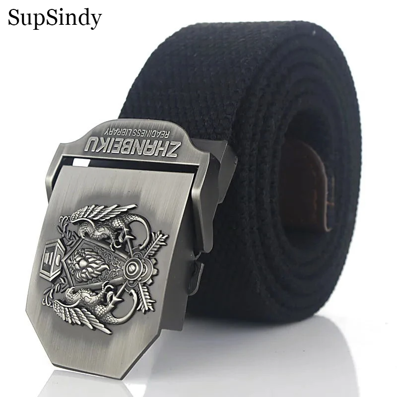 SupSindy Men Canvas Belt Luxury Brand Metal Buckle Army Military Tactical Belts for Men Jeans Waistband Soldier Male Strap Black