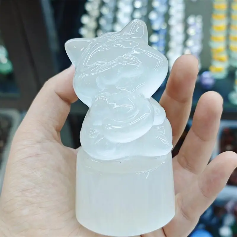 Natural Selenite Fortune at Crystal Carving Healing Statues Office Desktop Ornaments Craft Home Room Decoration