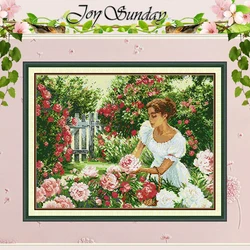 Garden Girl Patterns Counted Cross Stitch Set DIY 11CT 14CT 16CT Stamped DMC Cross-stitch Kit Embroidery Needlework Home Decor