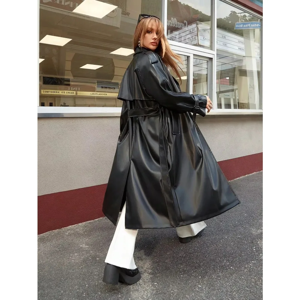 2024 Women Loose Fashion Wholesale Jacket Belt Single Breasted Overcoat Autumn Long Cool PU Leather Trench Coat Outwear