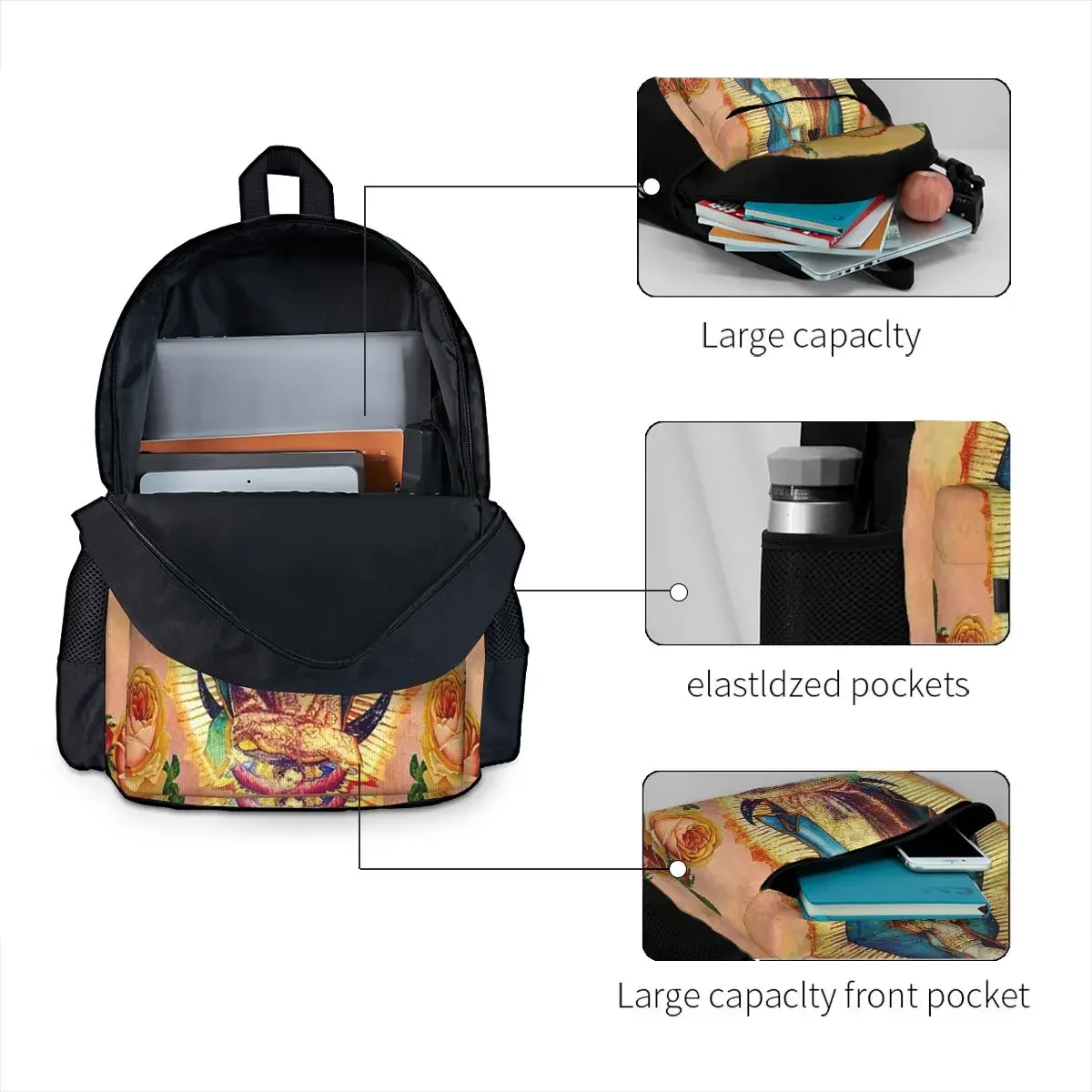 Our Lady Of Guadalupe Virgin Mary And Roses Backpack Student BookBag Kids School Bag Laptop Shoulder Bags for Men Women