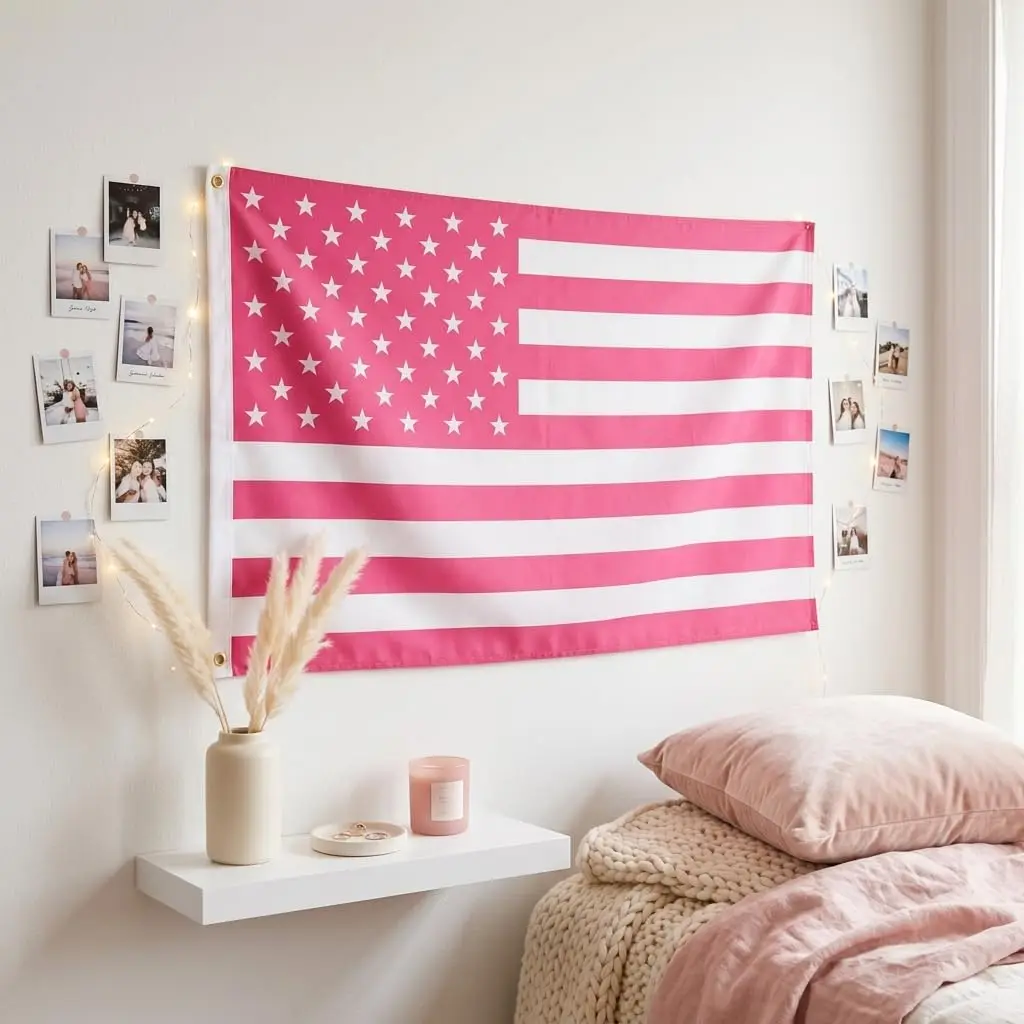 Pink USA America Flag Patriotic Pink 3x5ft with 100D Polyester Tapestry Poster Dorm Room Bedroom Two Brass Grommets