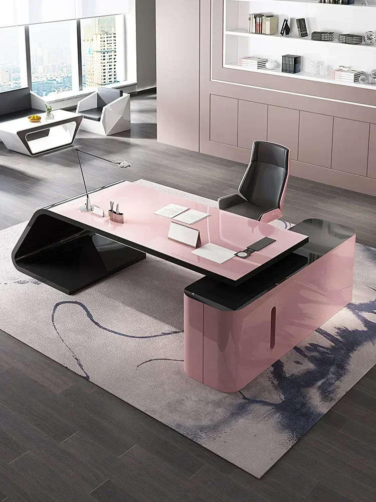 Customized Painted Office Desk, Fashionable  Women's Boss Desk, Pink High-end Manager Desk, Creative and Chair Combination