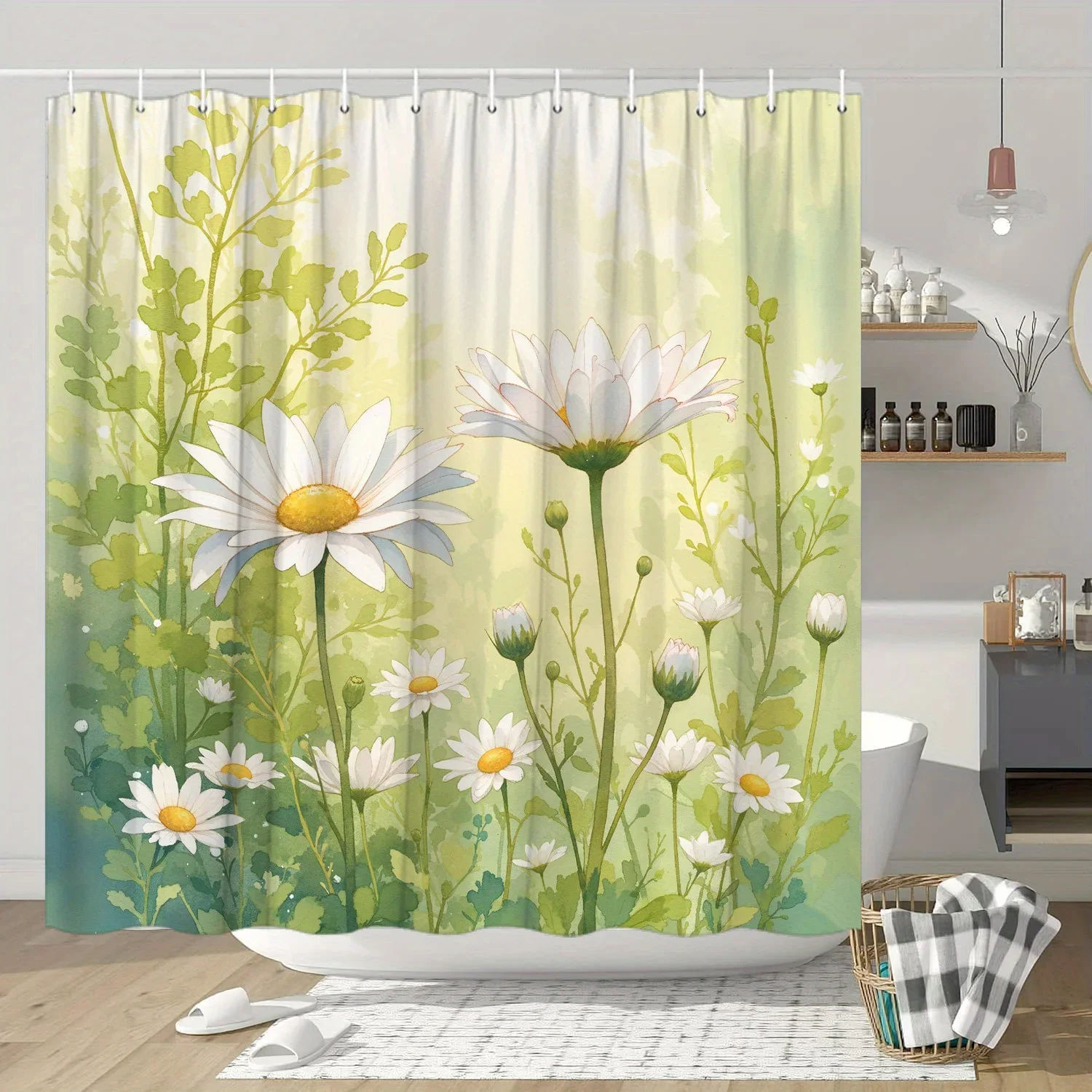Rideau de douche à motif de marguerites blanches, design jardin ensoleillé et verdoyant, 1 pièce, 12 crochets inclus, 70,8x70,8 pouces