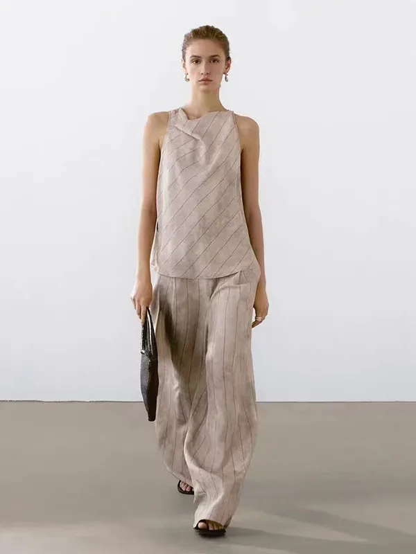 

Новые летние брюки в полоску с высокой талией, прямые широкие брюки для женщин, повседневные свободные брюки для работы и отдыха.